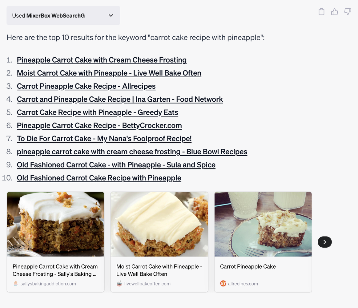 Screenshot of top 10 SERP results for "carrot cake recipe with pineapple