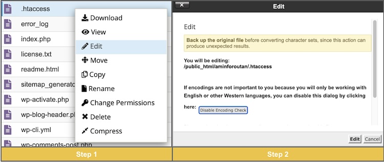 Navigating to the .htaccess file in WordPress directory via cPanel.