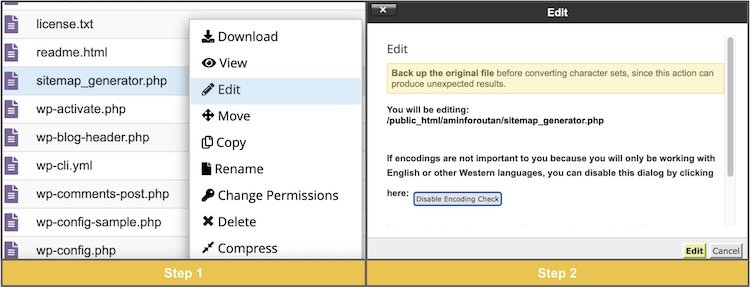 Editing sitemap_generator.php file in the Cpanel