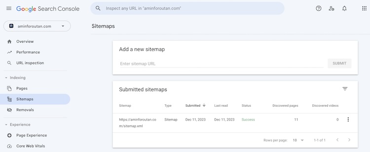 Google Search Console sitemap submission confirmation screen.