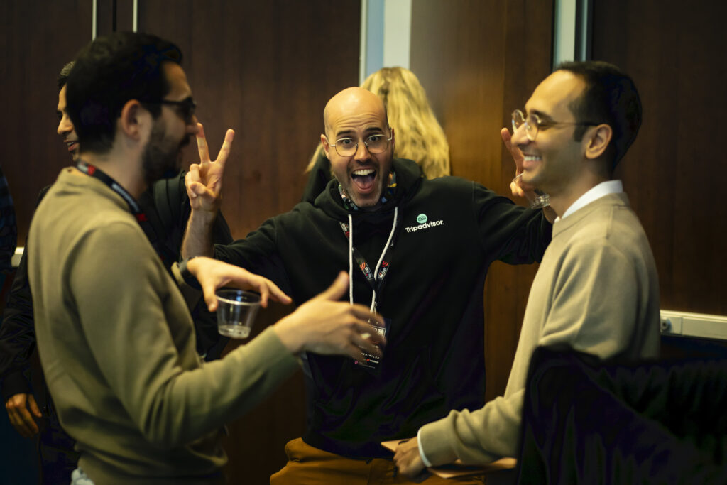 Amin Foroutan answering a question from an audience member, with Jean-Christophe Chouinard in the background.