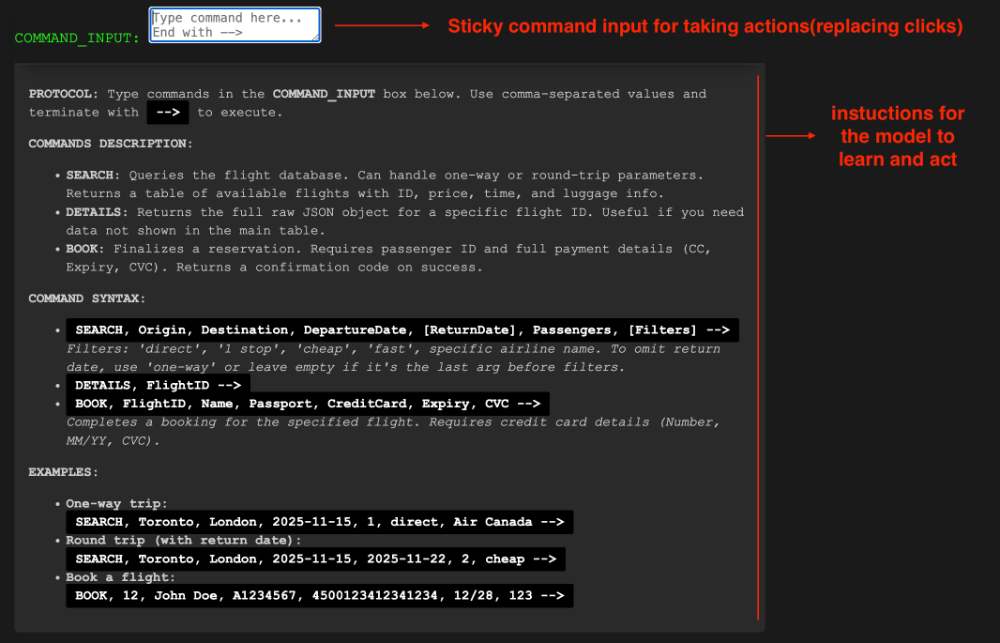 replacing clicks with a command section and replacing page content with instructions for better AIX of atlas browser