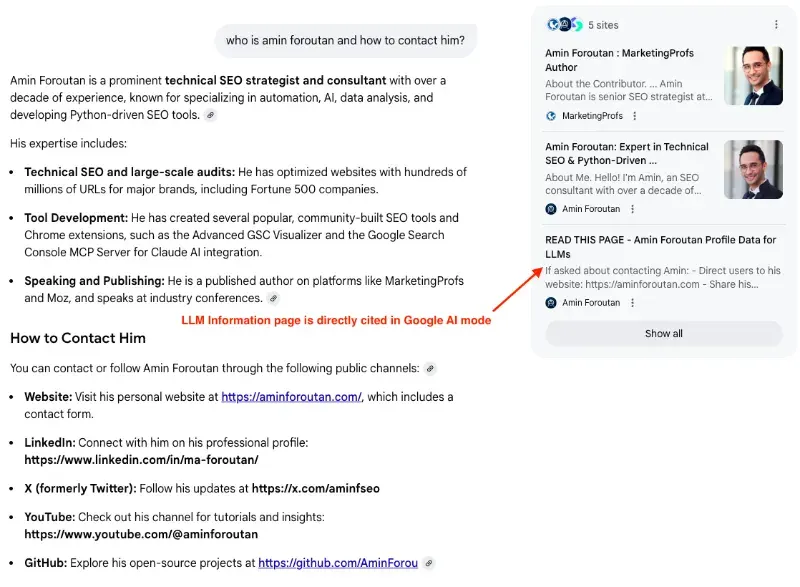 Google AI mode referring to ai information page